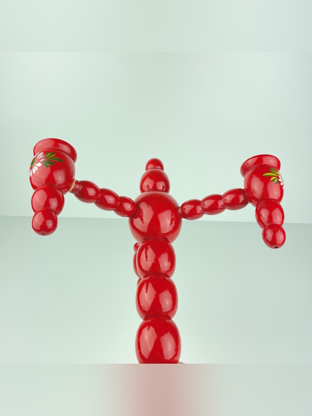 VTG Swedish 3 Armed Red Floral Candelabra Scandinavian Folk Art Candleholder - Picture 7 of 16